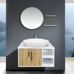 [DHM-2403-80 / RHBV29602] Royal Homes Bathroom Vanity, 2-Door with Side Shelf, Bamboo/ White Textured - 31.4x18.8 x18.1In. (800x480x460mm)